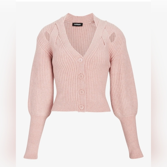 Express V-Neck Balloon Sleeve Criss Cross Cutout Cardigan | Dusty Mauve | XL - Picture 4 of 9